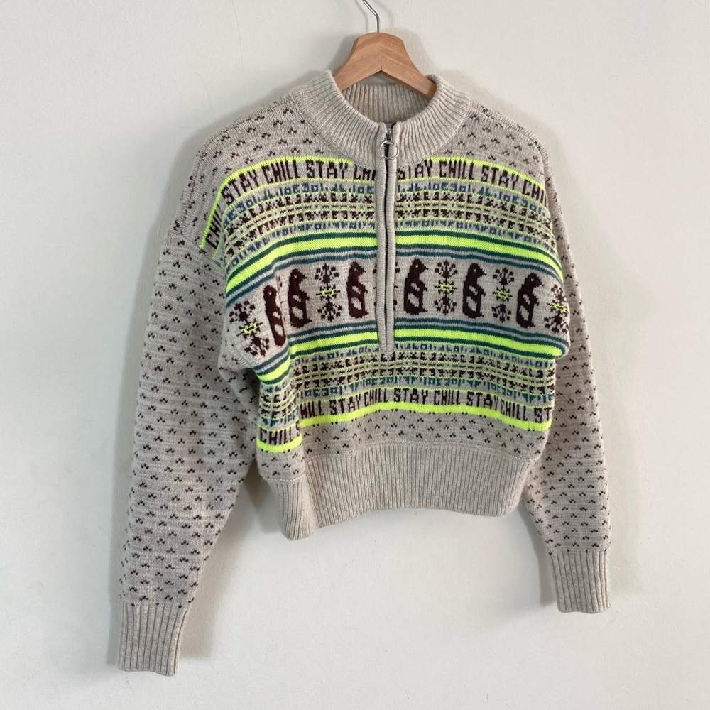 Urban Outfitters BDG Jesse Half-Zip Sweater Tan Brown and Neon Green - XS - Picture 8 of 16